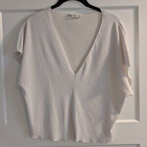 White Zara Short Sleeve Ribbed Tee/Blouse